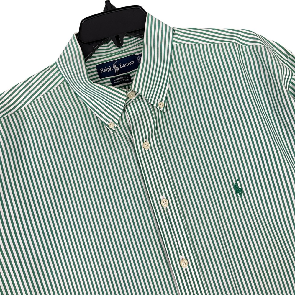 Ralph Lauren Yarmouth Button Down Shirt Green Striped Long Sleeve 17.5 36/37 Men